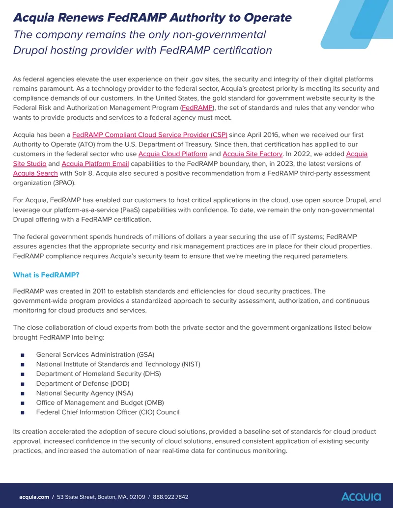Acquia FedRAMP Authority to Operate Renewal