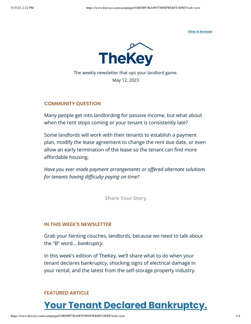 Landlord Newsletter on Tenant Bankruptcy and Management