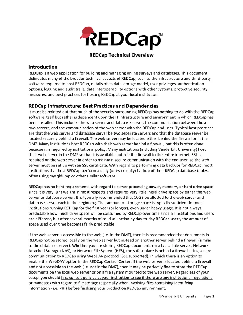 REDCap Technical Overview and Infrastructure Requirements