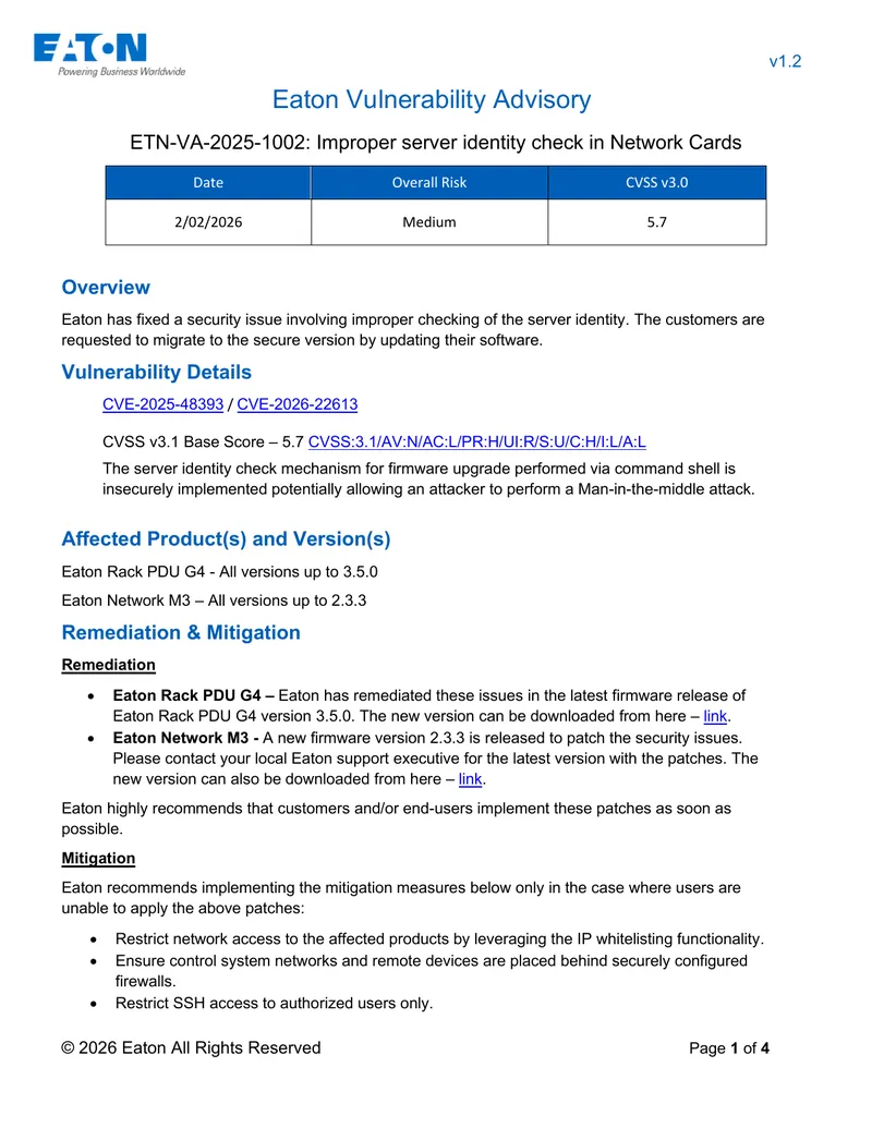 Eaton Vulnerability Advisory on Network Cards