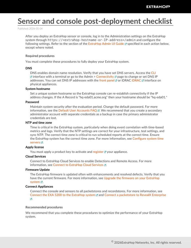 Sensor and Console Post-Deployment Checklist