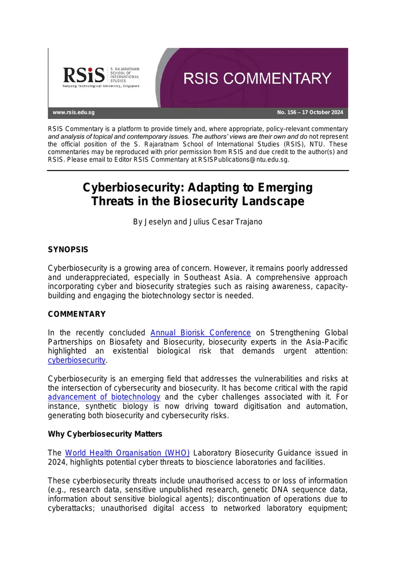 Cyberbiosecurity Strategies for Southeast Asia