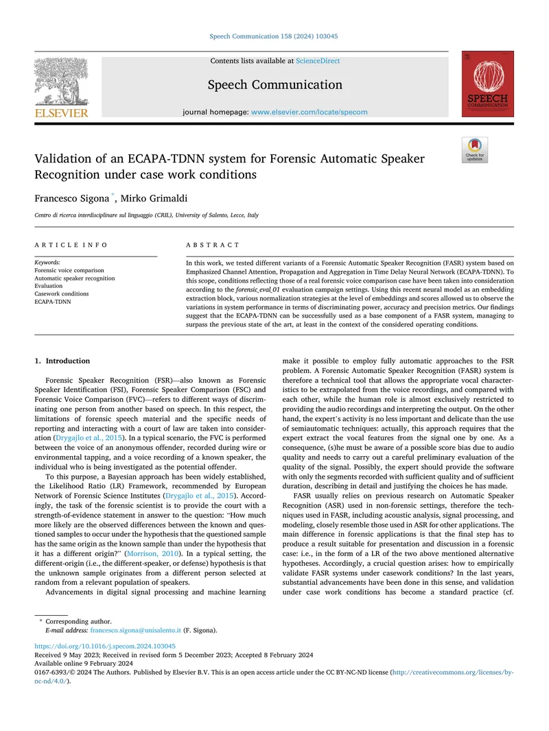 Validation of ECAPA-TDNN System for Forensic Speaker Recognition