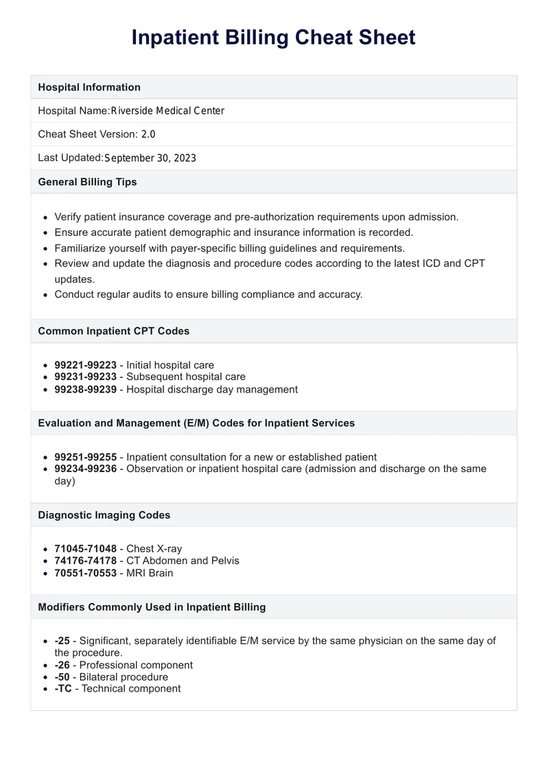 Inpatient Billing Cheat Sheet