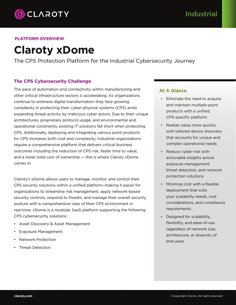 CPS Cybersecurity Challenge and Claroty xDome Overview