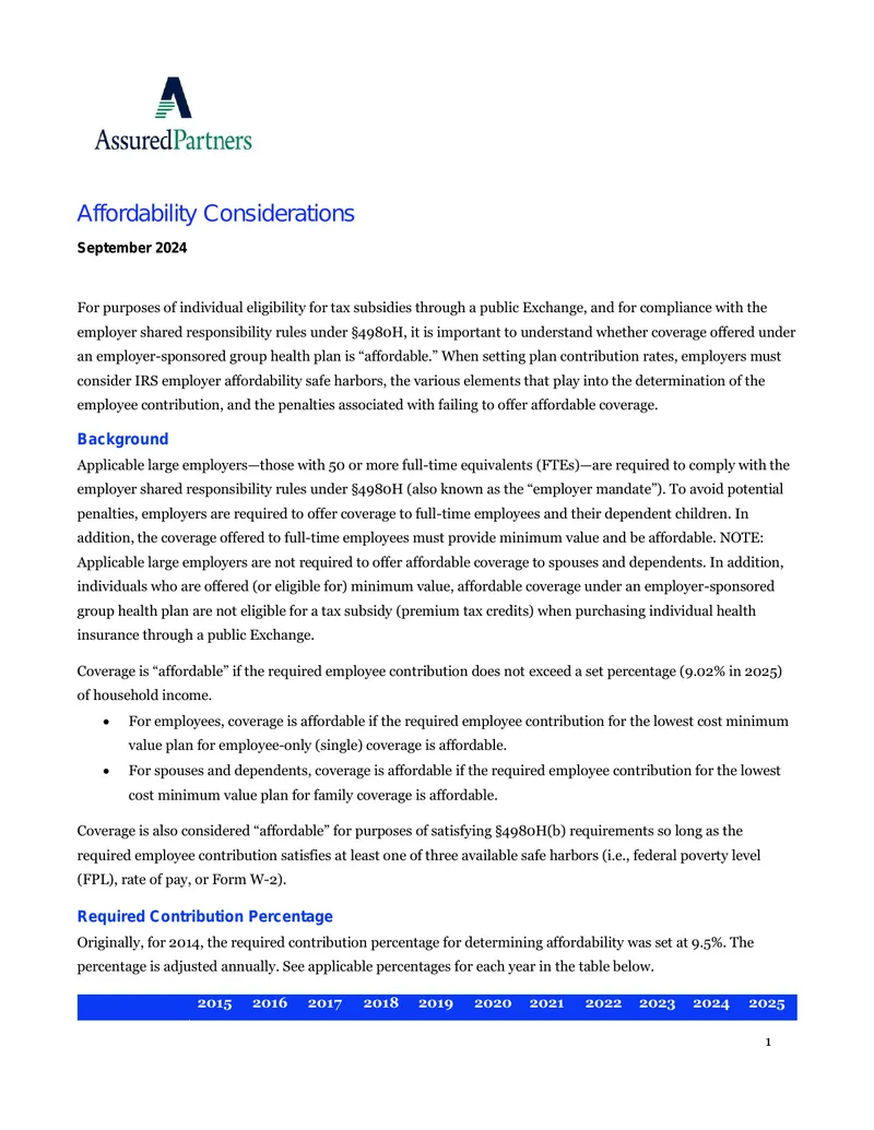 Employer Affordability Guidelines for Health Coverage