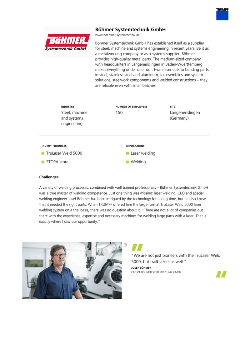 Laser Welding Implementation at Böhmer Systemtechnik GmbH