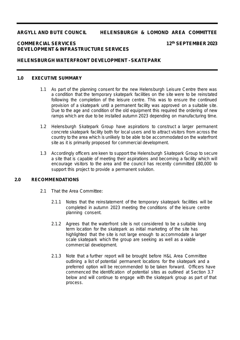 Helensburgh Waterfront Development Skatepark Proposal