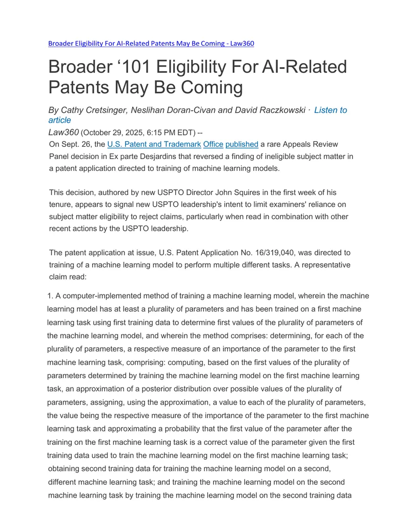 Broader Eligibility for AI-Related Patents