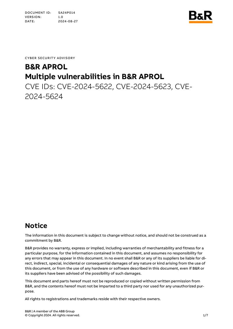 Cyber Security Advisory for B&R APROL Vulnerabilities