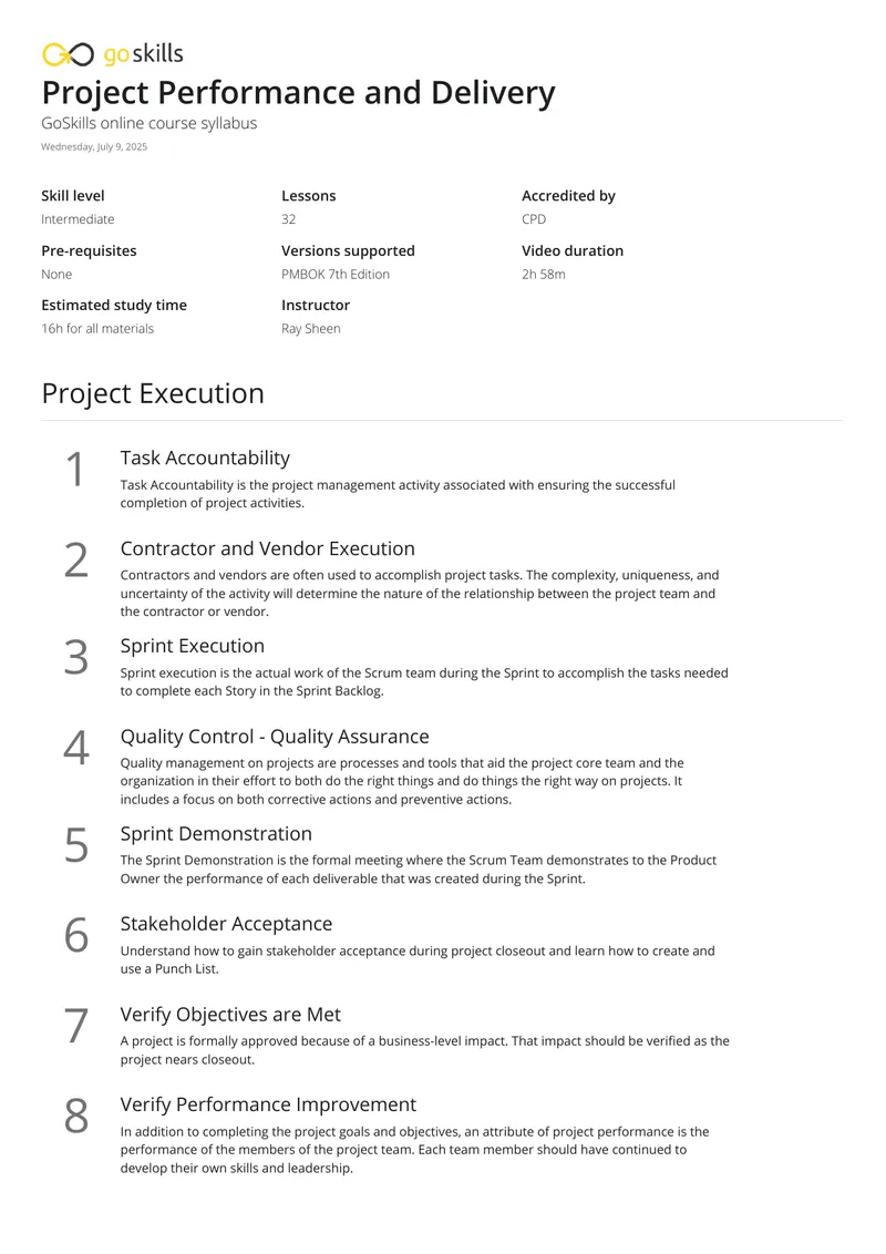 Project Performance and Delivery Course Syllabus