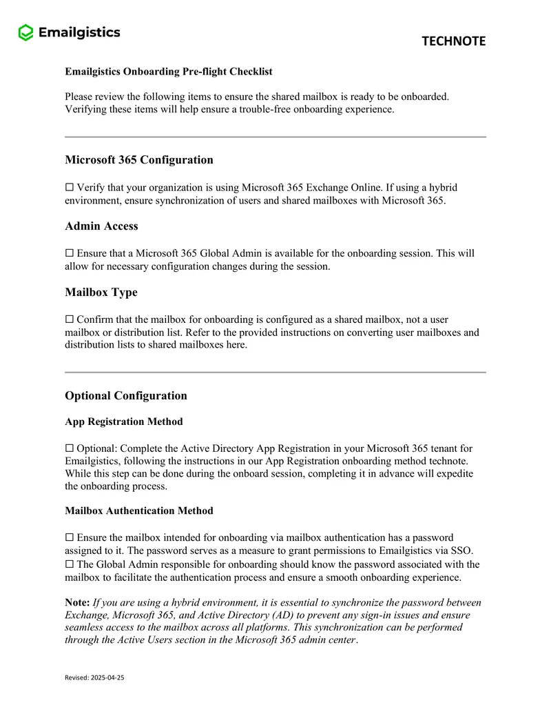 Emailgistics Onboarding Pre-flight Checklist
