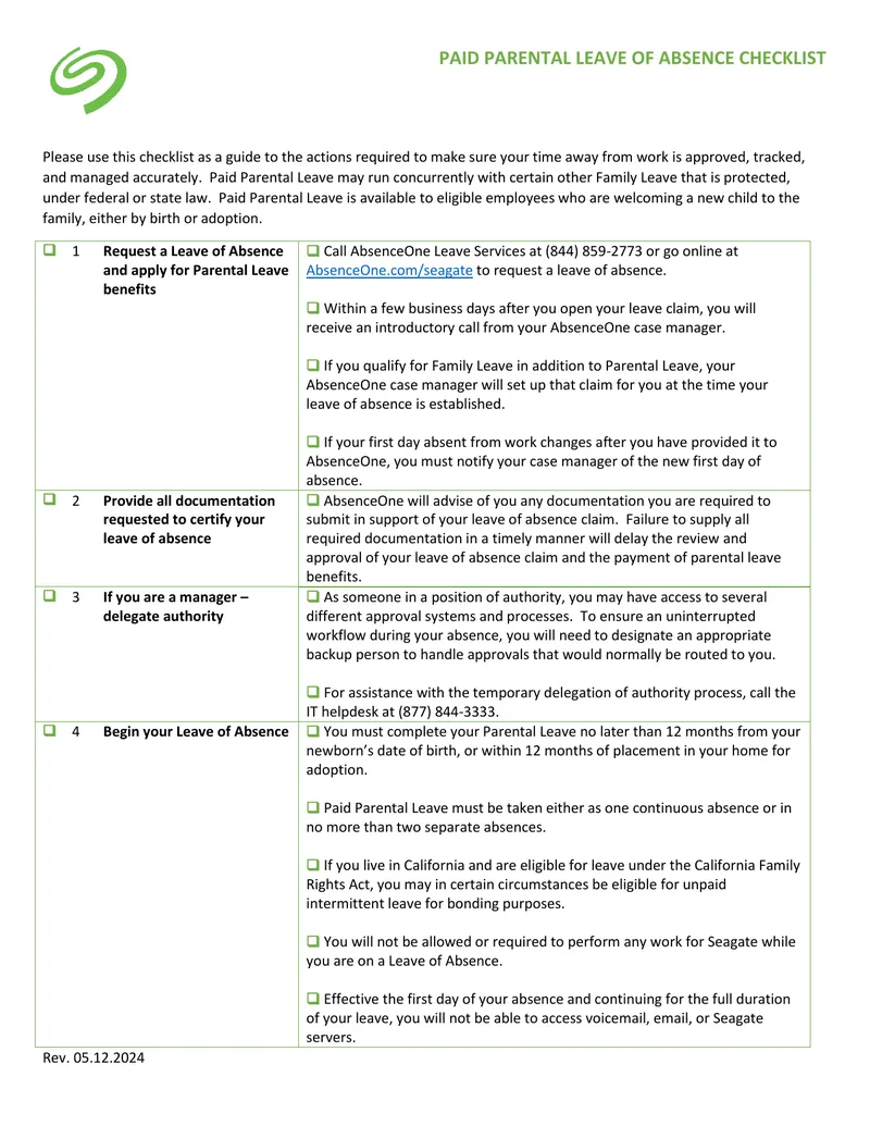 Paid Parental Leave of Absence Checklist