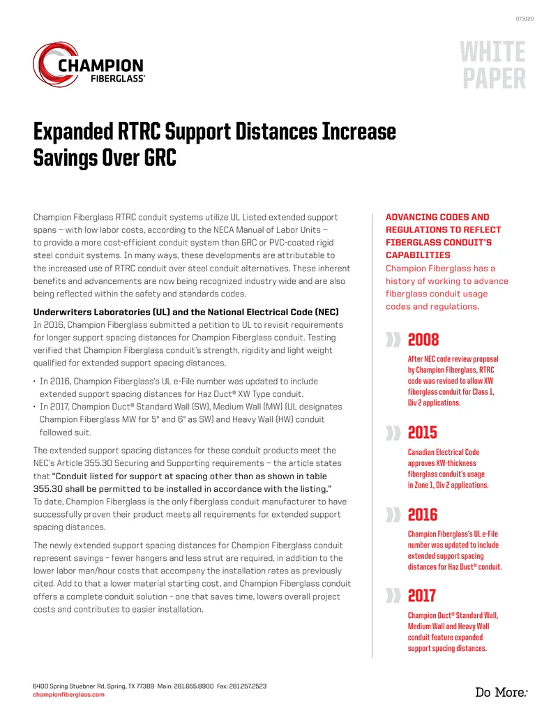 Expanded Support Spacing Distances for Fiberglass Conduit