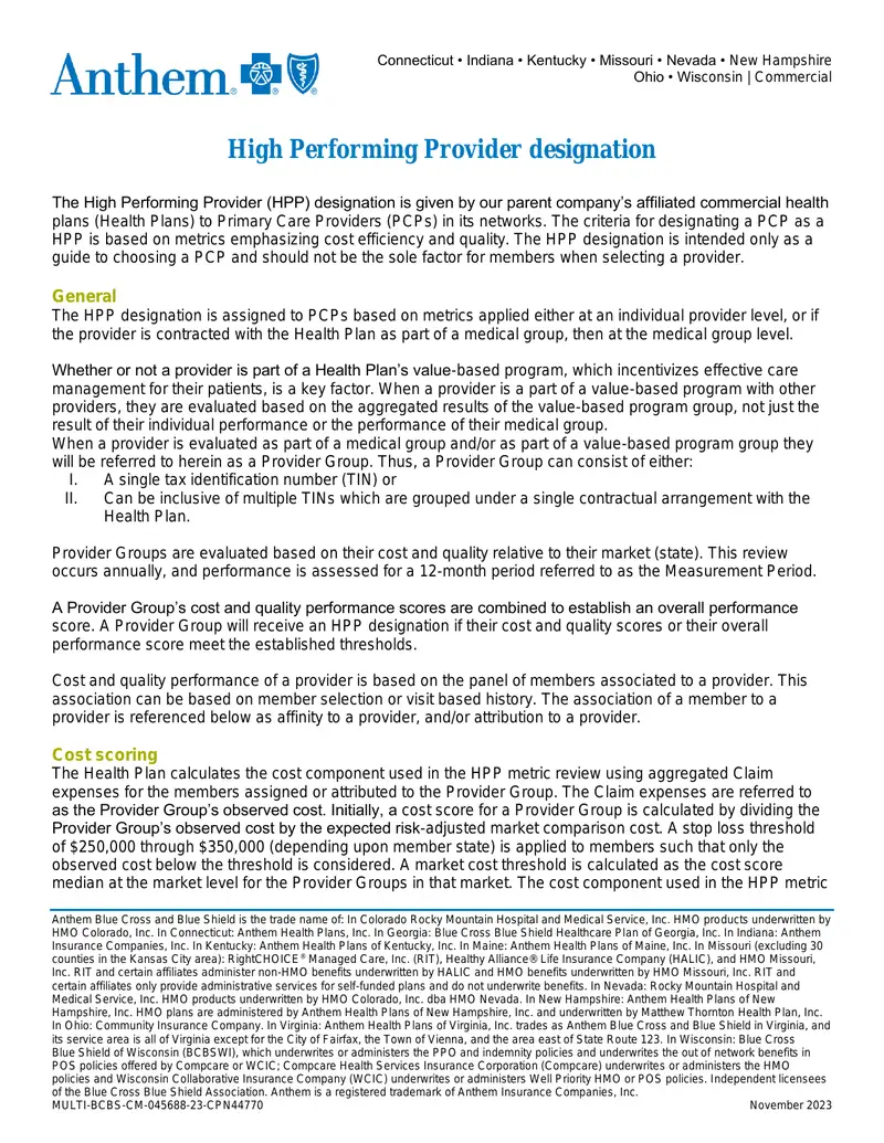 High Performing Provider Designation Criteria