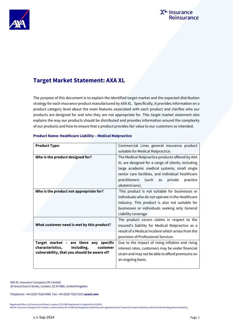 Target Market Statement for AXA XL Healthcare Liability