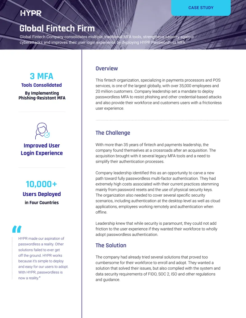Global Fintech Company Passwordless MFA Case Study