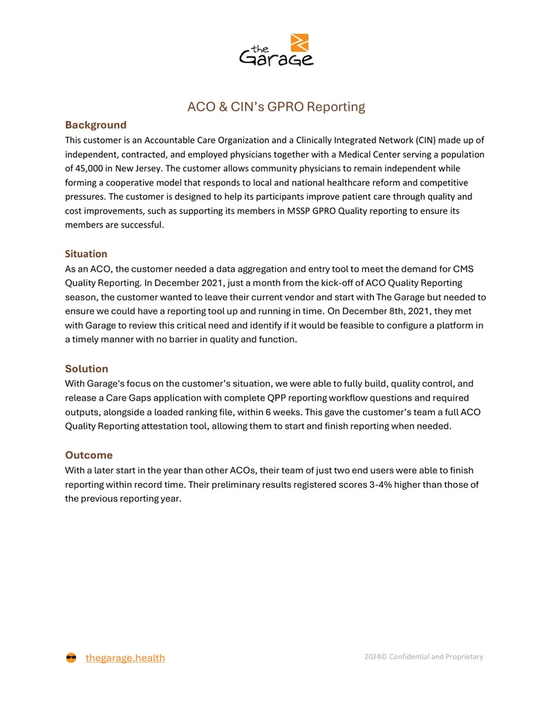 ACO and CIN GPRO Reporting Implementation Case Study
