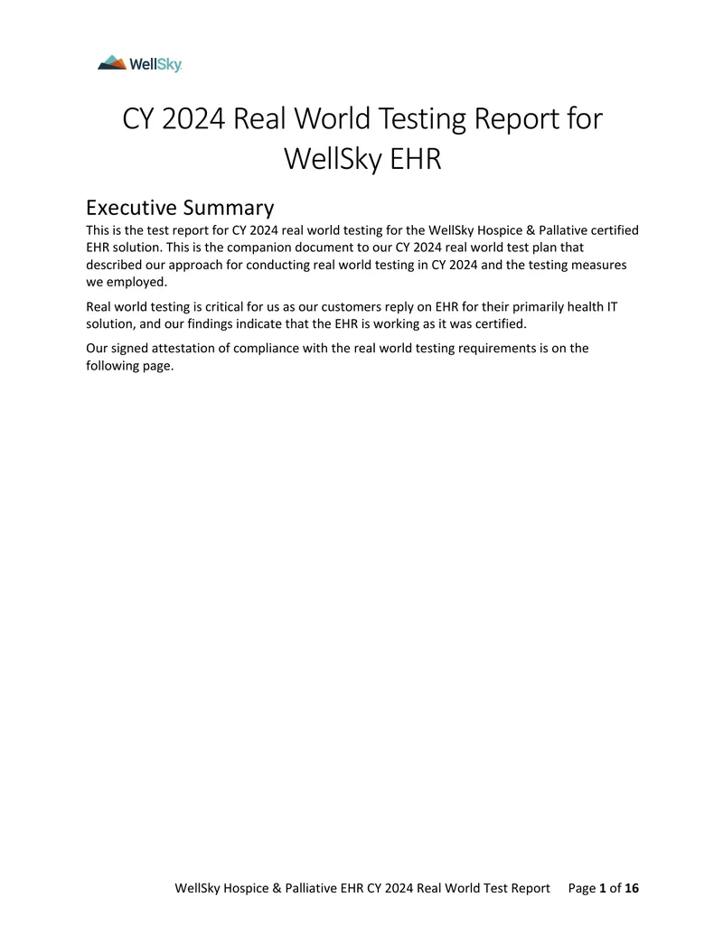 WellSky Hospice & Palliative EHR CY 2024 Real World Test Report