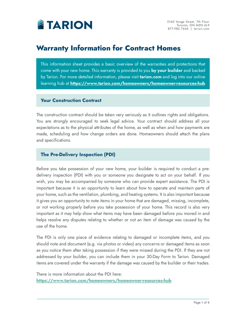 Warranty Information for Contract Homes