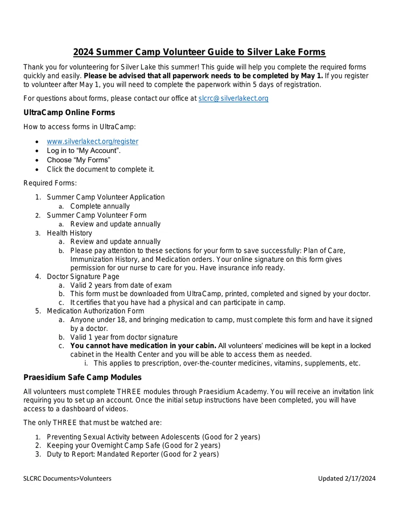 2024 Summer Camp Volunteer Guide for Silver Lake