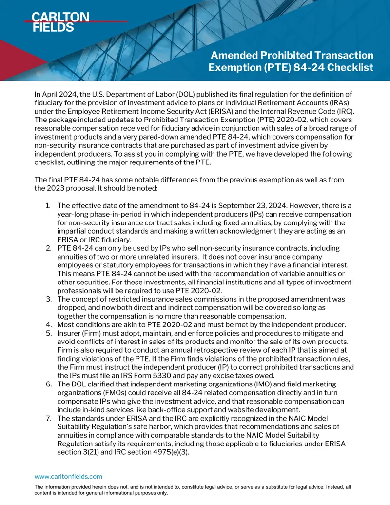 Amended Prohibited Transaction Exemption 84-24 Checklist