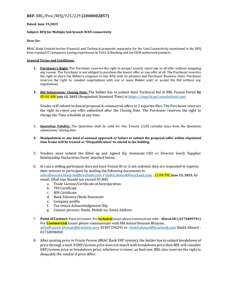 RFQ for Multiple Sub Branch WAN Connectivity