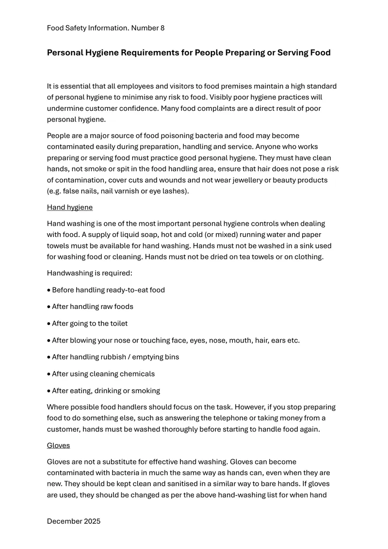 Personal Hygiene Requirements for Food Handlers