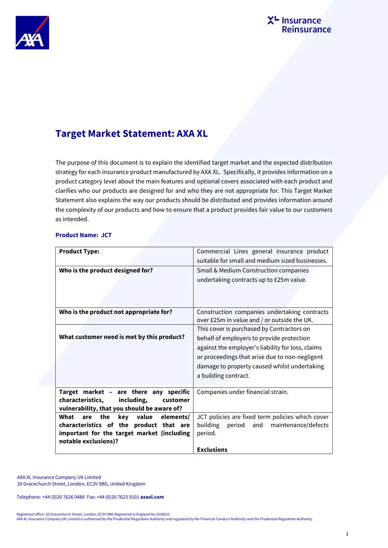 AXA XL Target Market Statement for Insurance Products