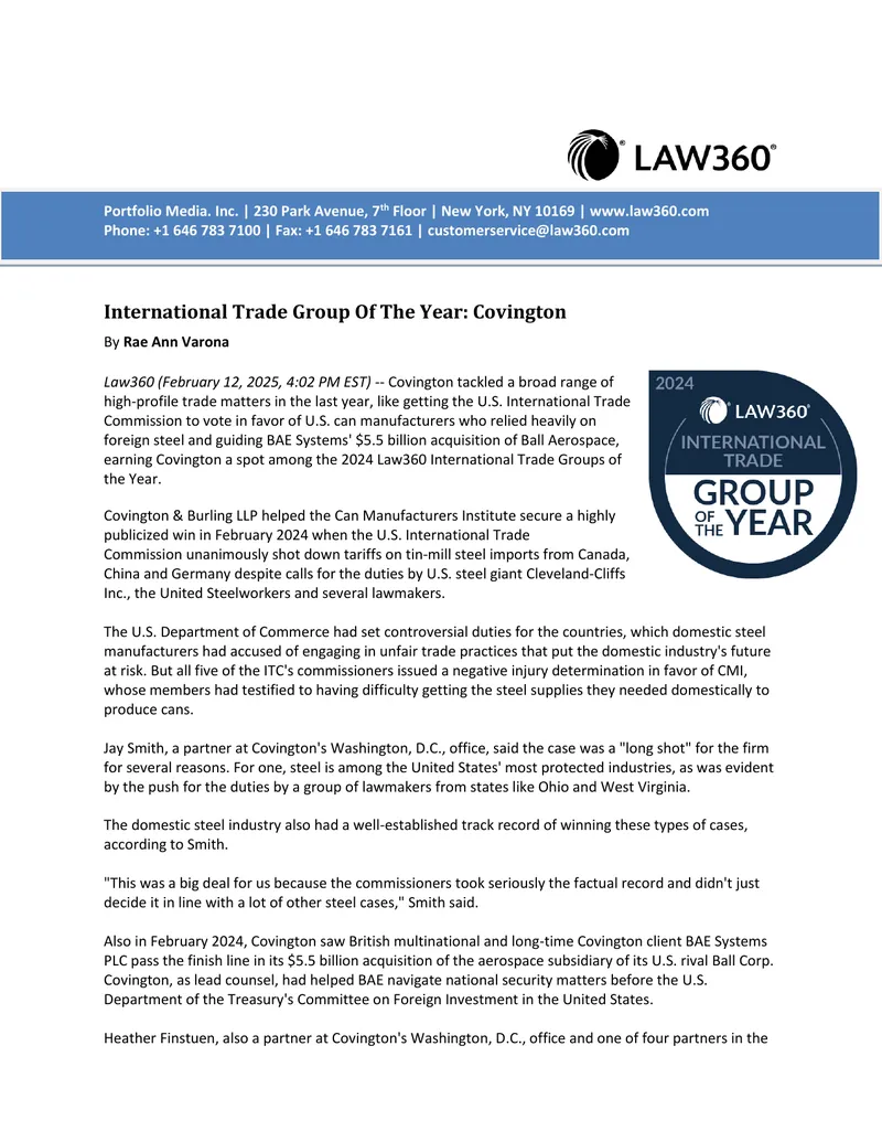 Covington's Achievements in International Trade Law