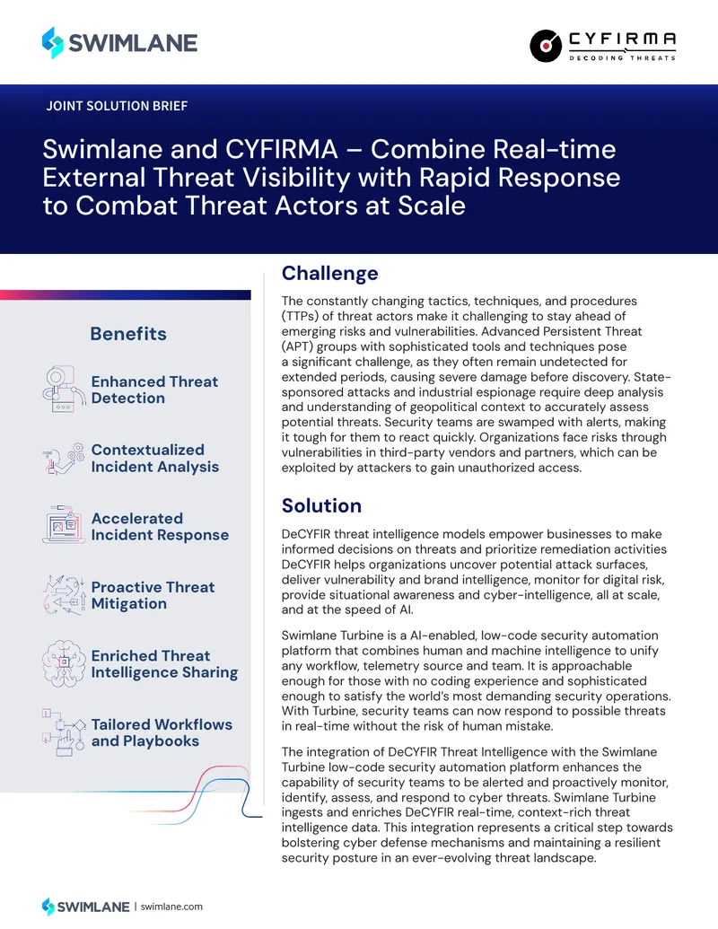 Integration of DeCYFIR Threat Intelligence with Swimlane Turbine