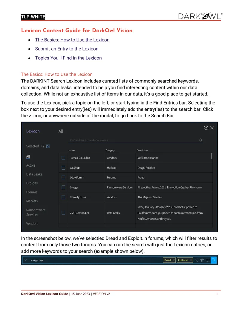 DarkOwl Vision Lexicon User Guide