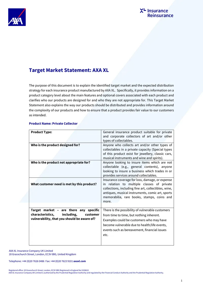 Target Market Statement for AXA XL Insurance Products