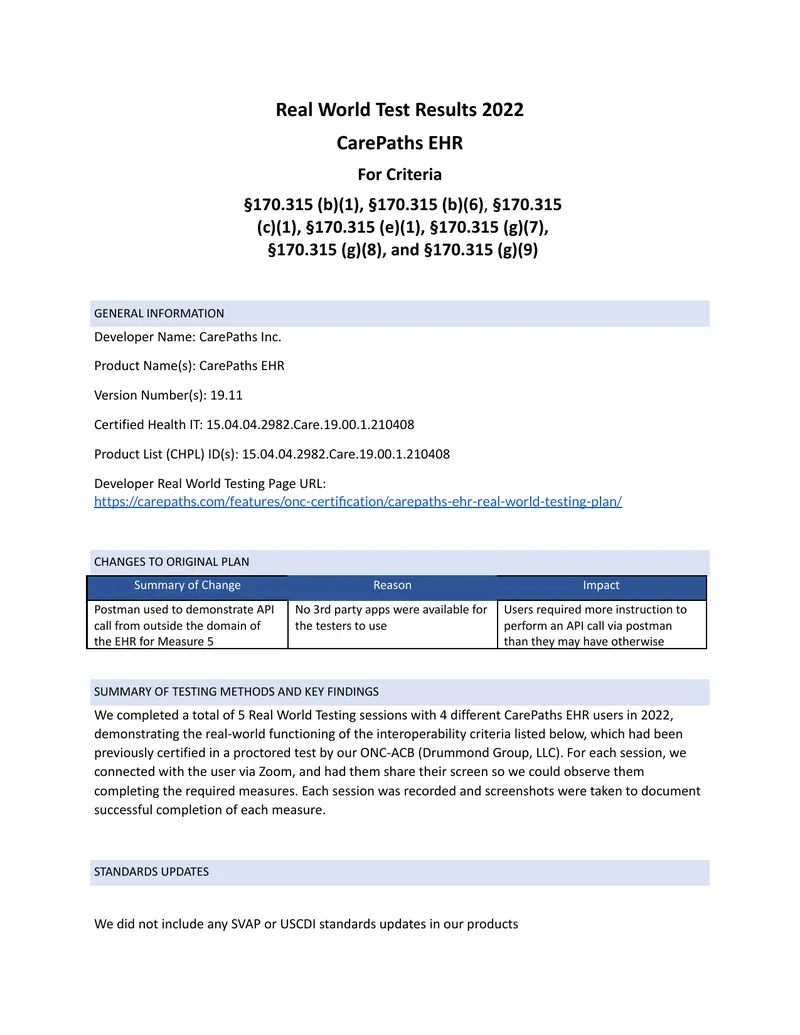 Real World Testing Results for CarePaths EHR 2022
