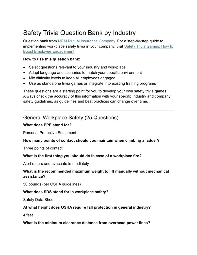 Safety Trivia Question Bank for Workplace Training