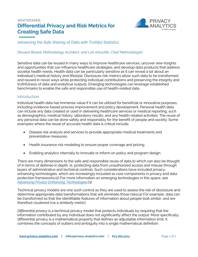 Differential Privacy and Risk Metrics for Safe Data Sharing