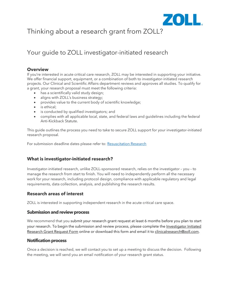 Guide to ZOLL Investigator-Initiated Research Grants