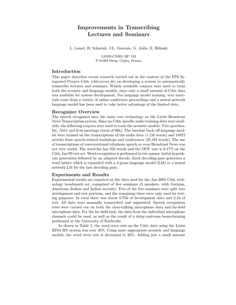 Automatic Transcription System for Lectures and Seminars