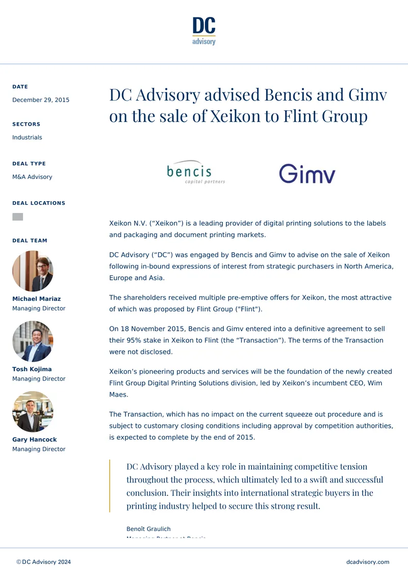 M&A Advisory for Xeikon Sale to Flint Group