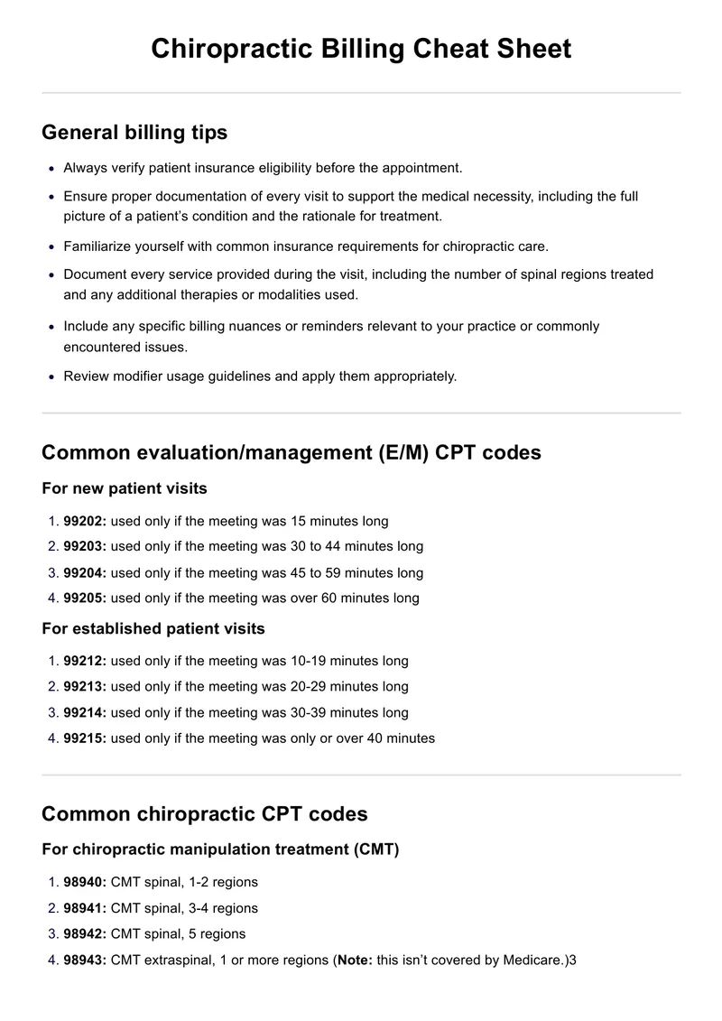 Chiropractic Billing Cheat Sheet