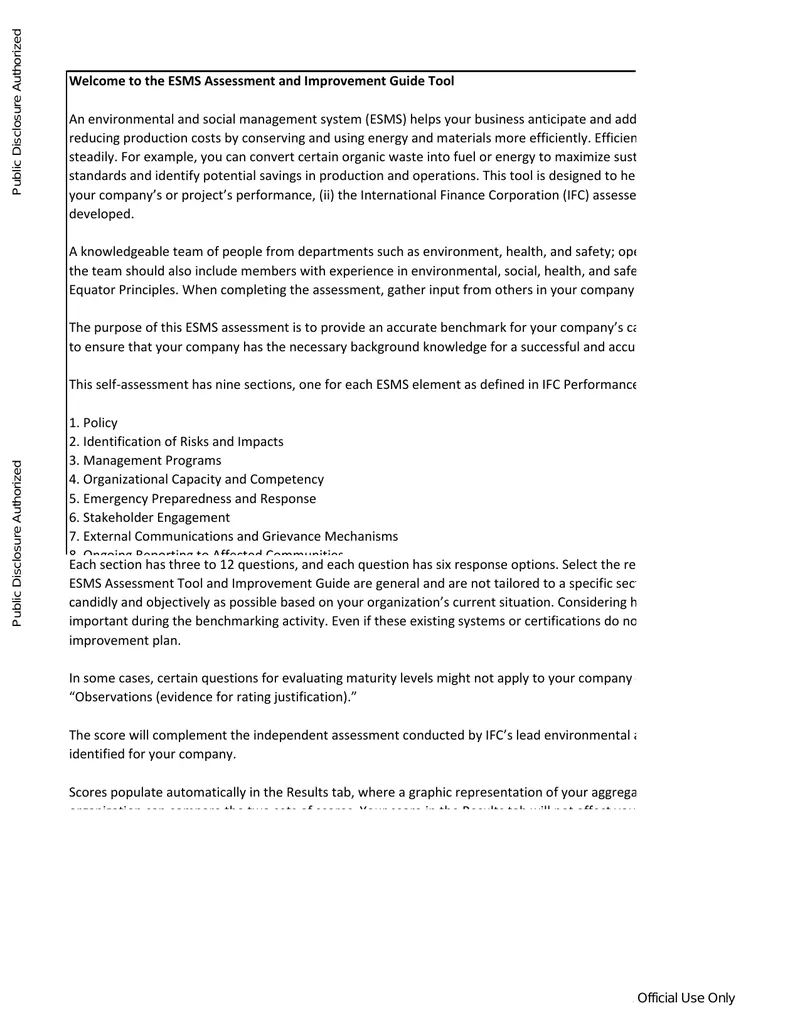 ESMS Assessment and Improvement Guide Tool