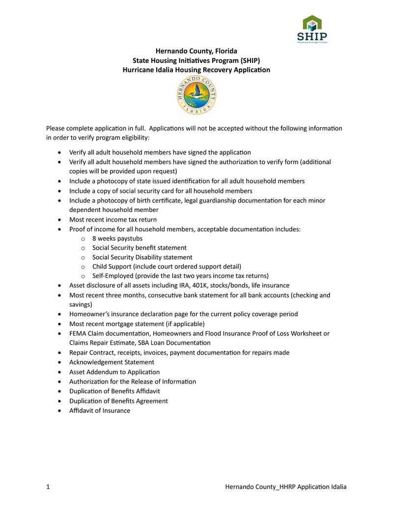 Hernando County Hurricane Idalia Housing Recovery Application
