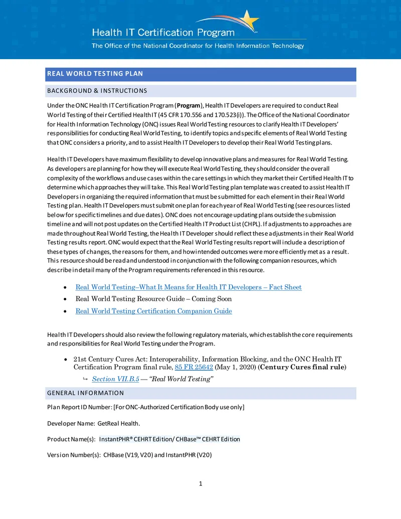 Real World Testing Plan for Certified Health IT