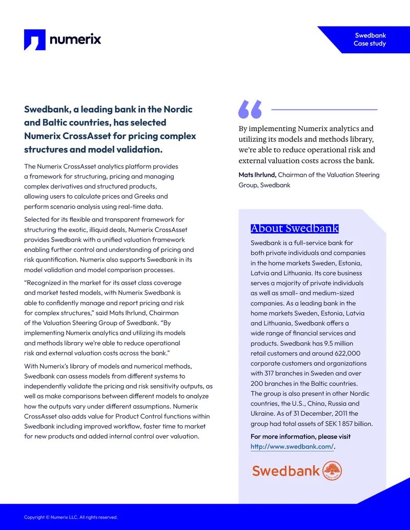 Swedbank Case Study on Numerix Analytics Implementation