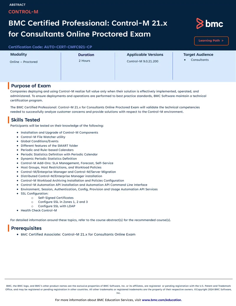 BMC Certified Professional Control-M 21.x Exam Guide