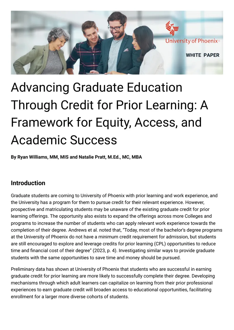 Advancing Graduate Education Through Credit for Prior Learning