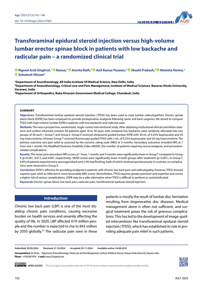 Comparison of TFESI and ESP Block for Low Back Pain