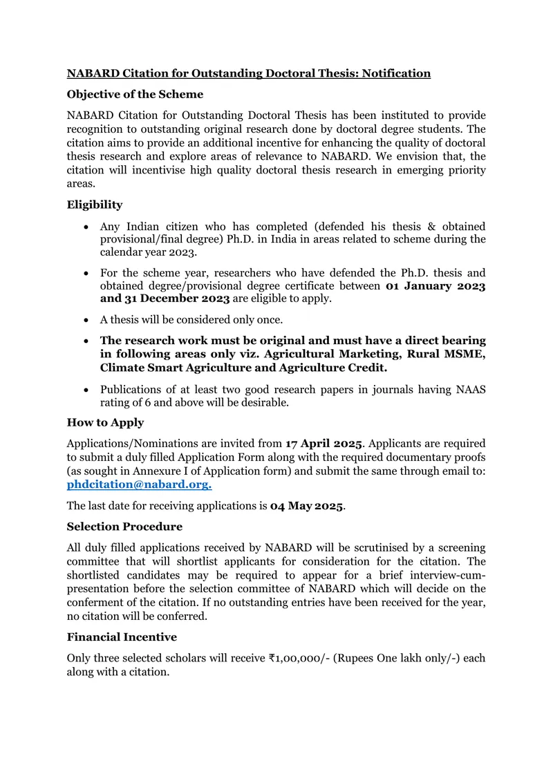 NABARD Citation for Outstanding Doctoral Thesis Notification