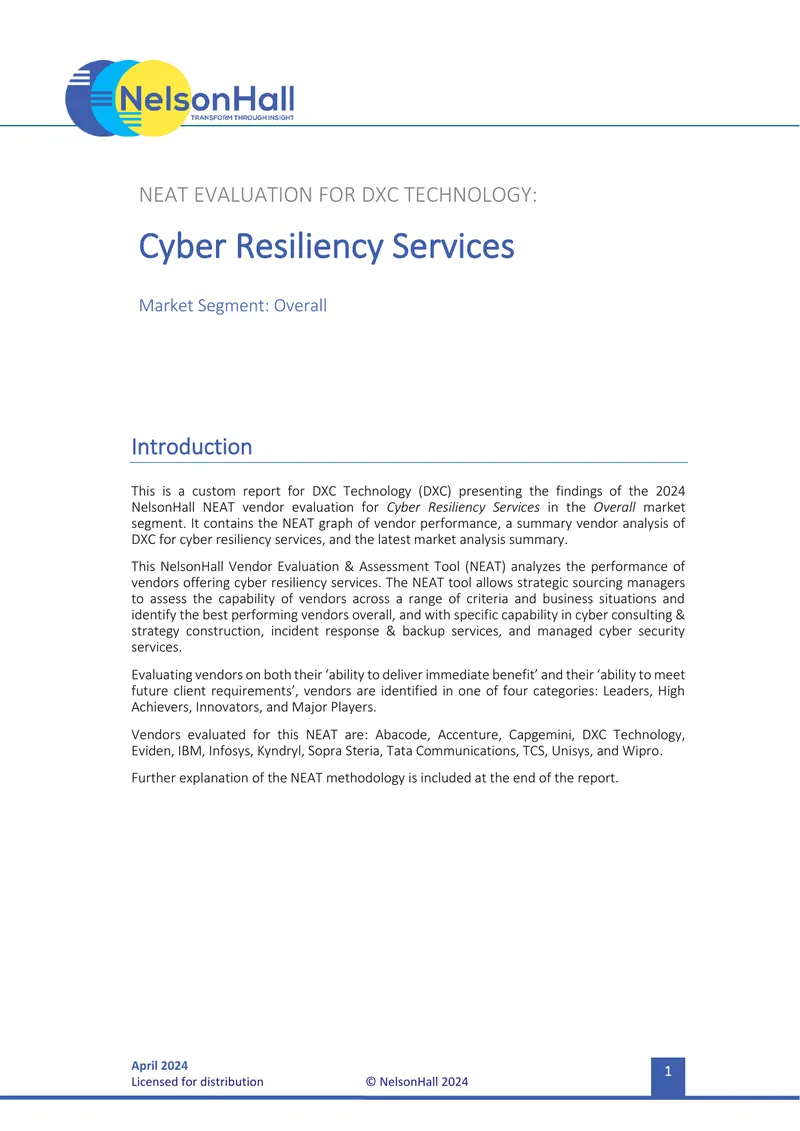 NEAT Evaluation for DXC Technology Cyber Resiliency Services