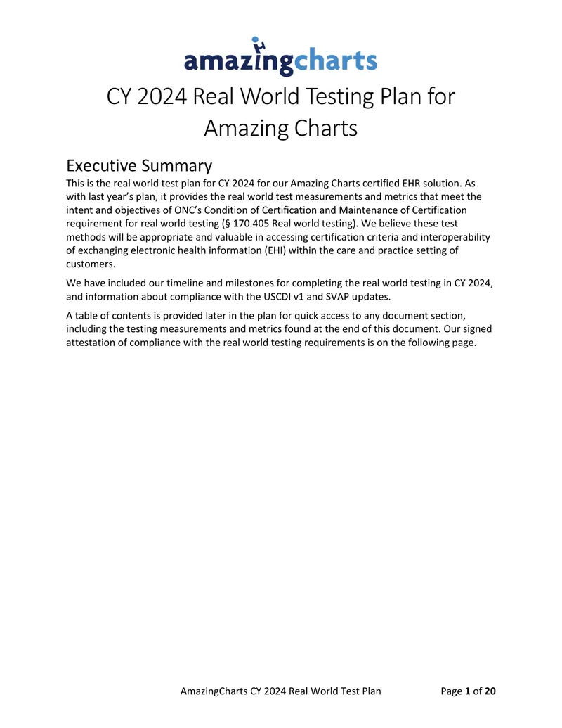 AmazingCharts CY 2024 Real World Testing Plan